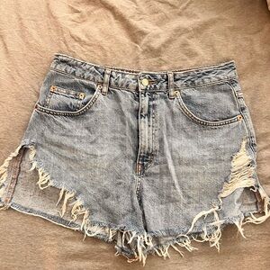 Topshop Blue Distressed Jean Shorts High-Waisted